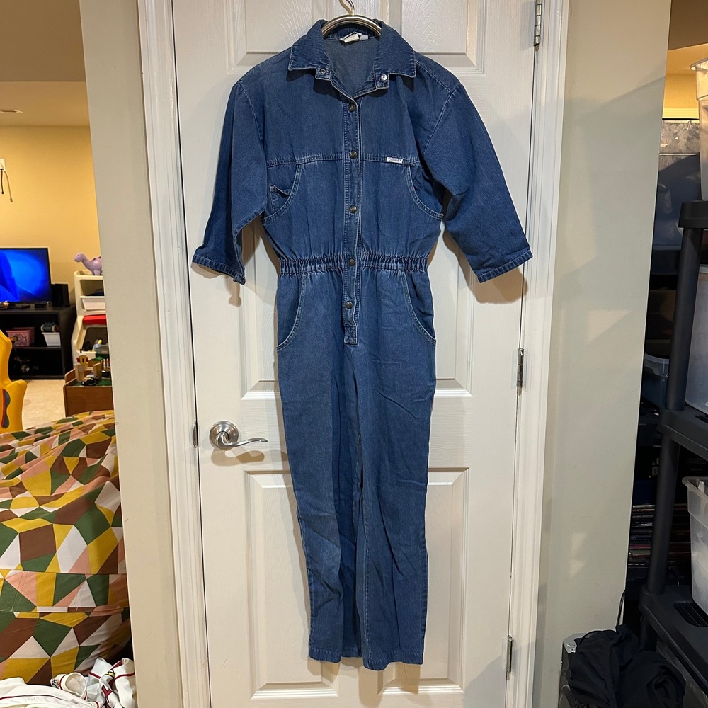 Vintage Dreams Denim Jumpsuit Womens Small Petite Blue Elastic Waist